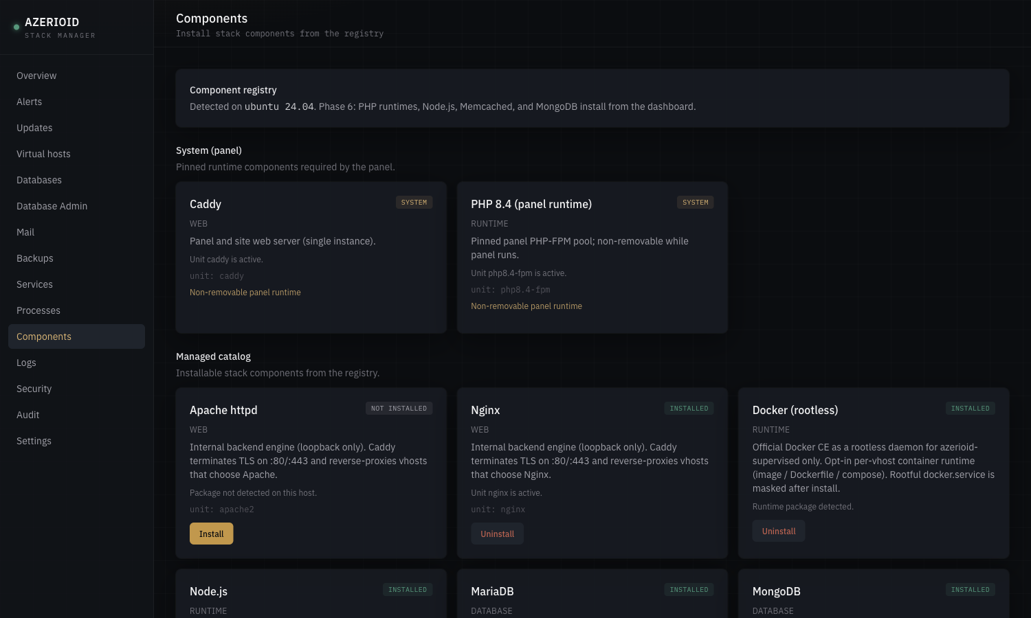 The Components page: web engines, databases, runtimes and tools, each installable from official upstream packages.