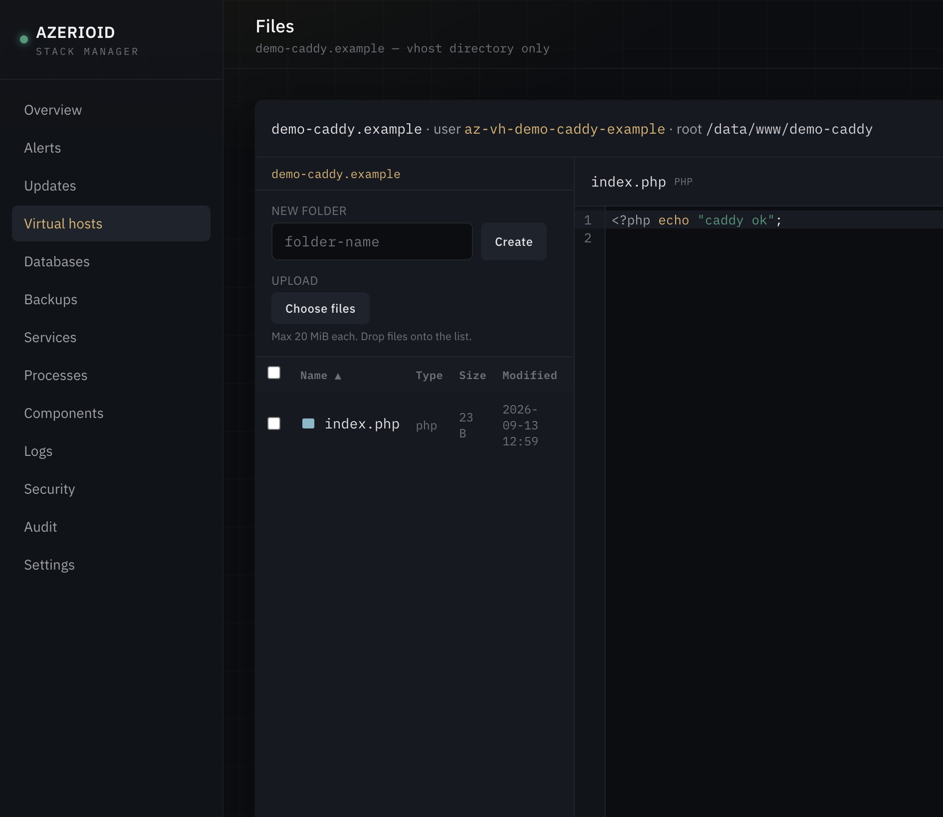 The File Manager with an editor open, working inside one site's directory as that site's own account.