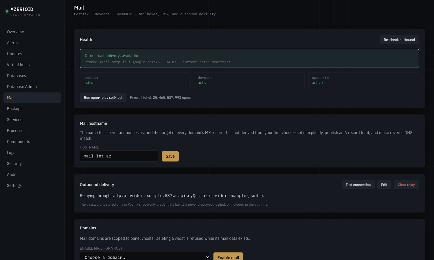 The Mail page: service health, outbound delivery check, mail hostname and relay settings.