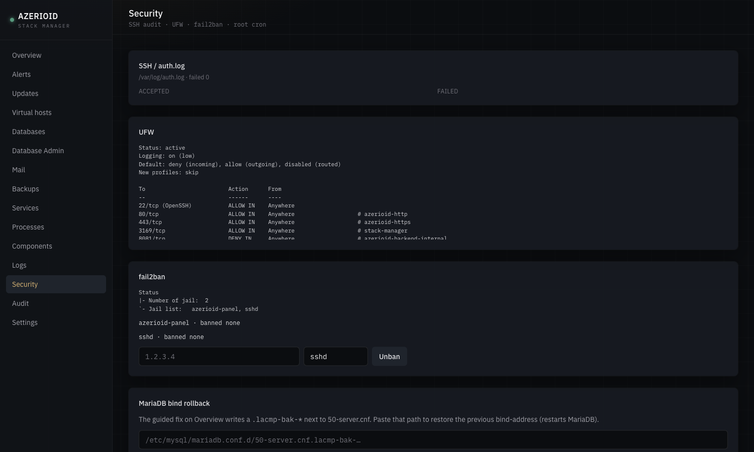 The Security page: SSH log audit, firewall rules and fail2ban jails.